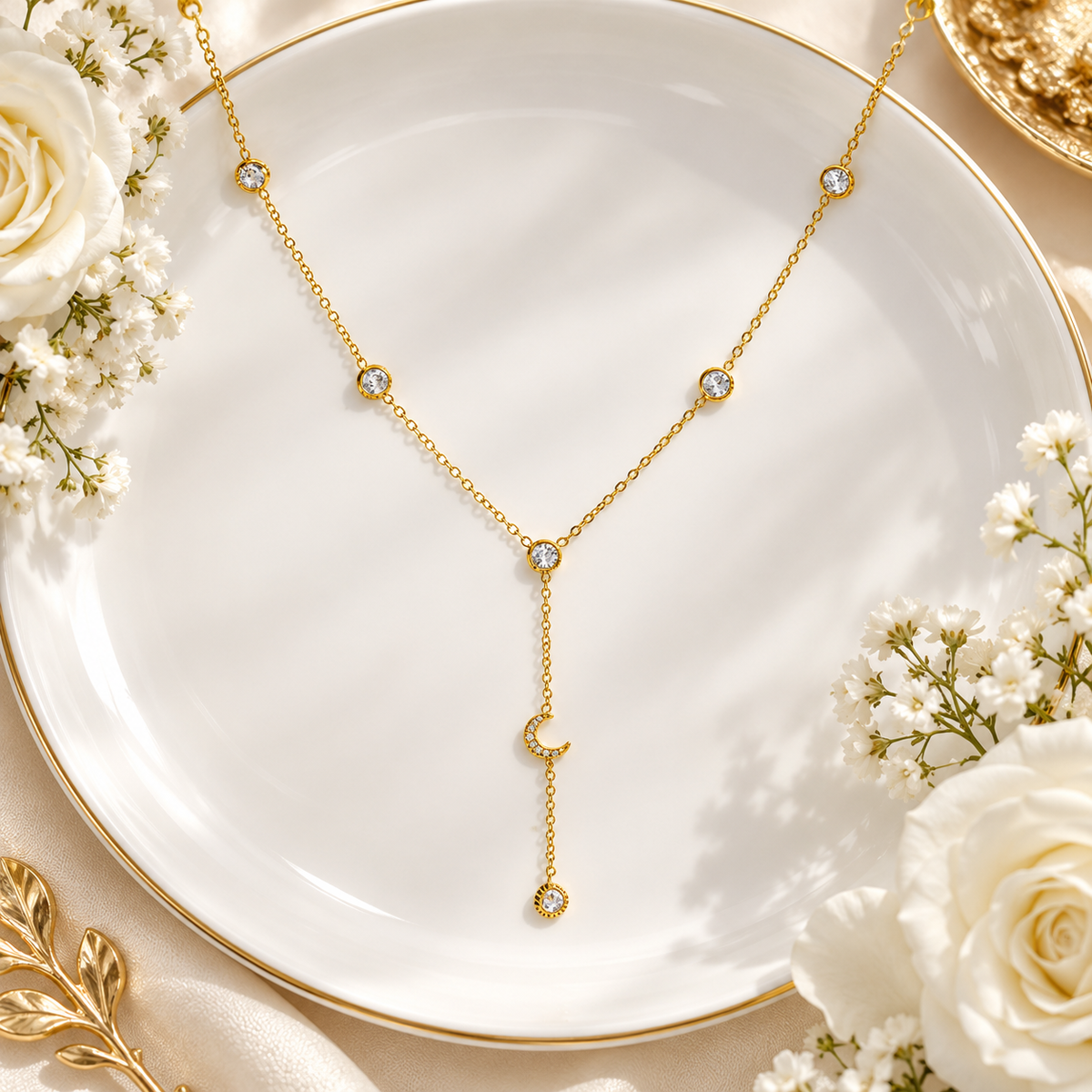 Waterproof NNecklace For Women In 304 Stainless Steel With 18K Gold Plated PVD Coating And Rhinestones